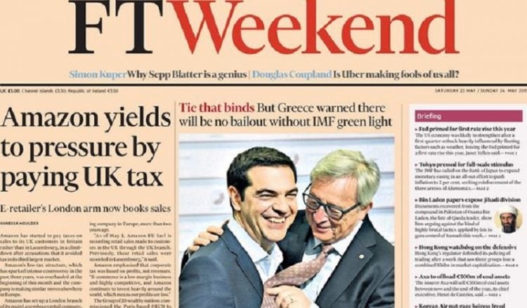 Το «γραβάτωμα» του Γιούνκερ στον Τσίπρα πρωτοσέλιδο στους Financial Times