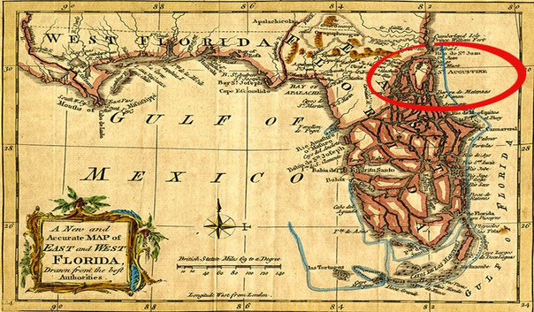 Χάρτης του 1765 που δείχνει τη Φλόριντα, ανατολικά και δυτικά