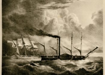 Η φρεγάτα «Ελλάς» και το «Καρτερία», το πρώτο ατμοκίνητο πλοίο. Λιθογραφία από το λεύκωμα του Karl Krazeisen (Μόναχο, 1831)