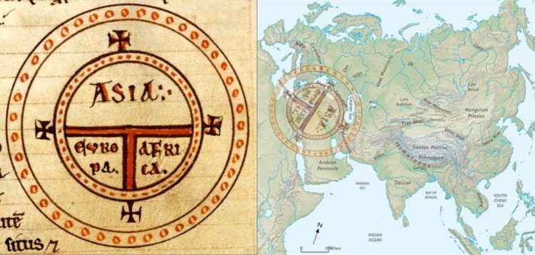 Ο μεσαιωνικός στερεότυπος συμβολικός χάρτης «Τ» του Ισιδώρου της Σεβίλλης και η προσαρμογή του στον χάρτη της Ευρασίας. (φωτ.: ΑΠΕ-ΜΠΕ / Ευάγγελος Λιβιεράτος)