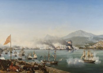 Η ναυμαχία του Ναυαρίνου (1827) –
Ελαιογραφία του Γκαρνερέ (φωτ.: el.wikipedia.org)
