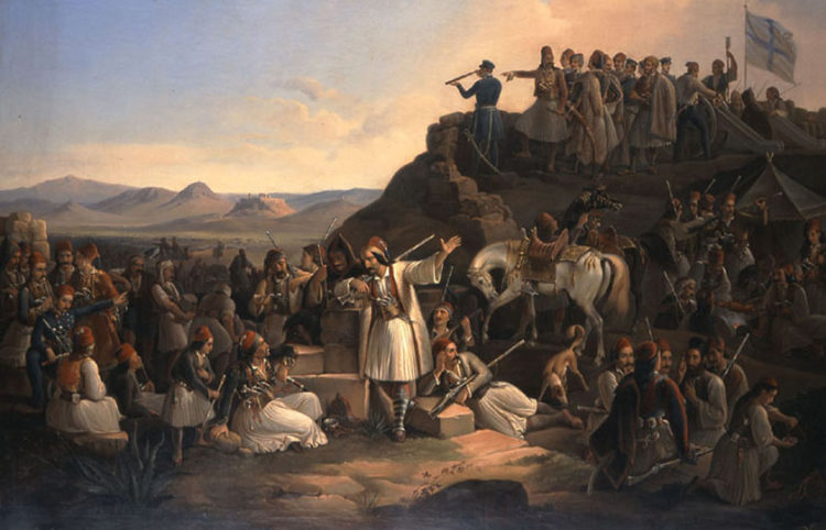 «Το στρατόπεδο του Καραϊσκάκη στην Καστέλα». Θεόδωρος Βρυζάκης (1855), λάδι σε μουσαμά. Εθνική Πινακοθήκη - Μουσείο Αλεξάνδρου Σούτζου