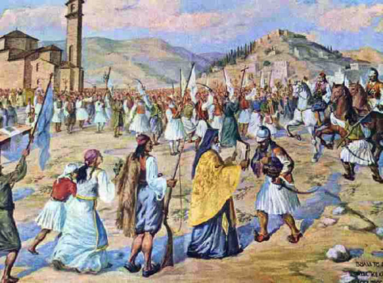 Αναπαράσταση της δοξολογίας της 23ης Μαρτίου στην Καλαμάτα, από τον ζωγράφο Ευάγγελο Δράκο (Καλαμάτα, Μπενάκειο Μουσείο)