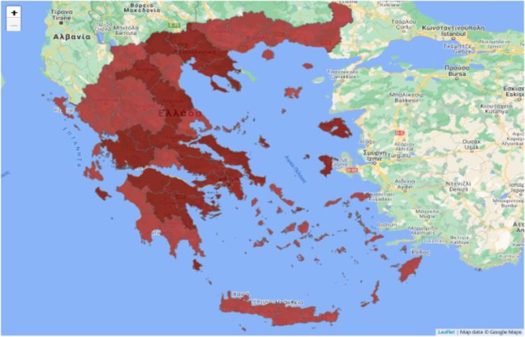 Η κατάσταση των περιοχών της Ελλάδας (φωτ.: Covid.gov.gr)