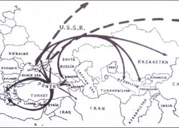 Τα βέλη που δείχνουν προς την Ελλάδα και την ΕΣΣΔ αποτυπώνουν το κύμα των προσφύγων του 1922. Τα βέλη με τις διακεκομμένες γραμμές δείχνουν τα μονοπάτια προς τα στρατόπεδα συγκέντρωσης της Σιβηρίας, ενώ τα βέλη προς τα ανατολικά δείχνουν τις μαζικές σταλινικές εκτοπίσεις Ελλήνων Ποντίων στην Κεντρική Ασία από το 1941 έως το 1944 και από το 1947 έως το 1949 (πηγή χάρτη: Βλ. Αγτζίδης, «Η κατάρρευση της Σοβιετικής Ένωσης. Οι συνέπειες για τον Ελληνισμό», εκδ.  Ελλοπία, Αθήνα 1993)
