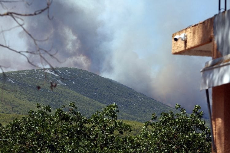 Πυκνοί καπνοί ανεβαίνουν από το όρος Πατέρας, έτσι όπως φαίνεται από την περιοχή Λιακωτό Μάνδρας, καθώς η φωτιά καίει σε δυσπρόσιτα σημεία (φωτ.: ΑΠΕ-ΜΠΕ/Αλέξανδρος Μπελτές)