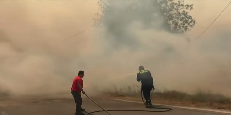 Πυροσβέστες και πολίτες παλεύουν με τις φωτιές στη Γορτυνία, Τρίτη 10 Αυγούστου (φωτ.: YouTube/ Open TV)