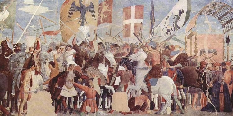 «Ιστορίες του Αληθούς Σταυρού: Μάχη μεταξύ Ηρακλείου Ι και Χοσρόη Β'», Αρέτσο, San Francesco – Τοιχογραφία του Piero della Francesca, 1452