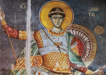 Τοιχογραφία του Αγίου Δημητρίου στο Πρωτάτο των Καρυών. Μανουήλ Πανσέληνος, 1290-1310 (πηγή: Wikipedia)