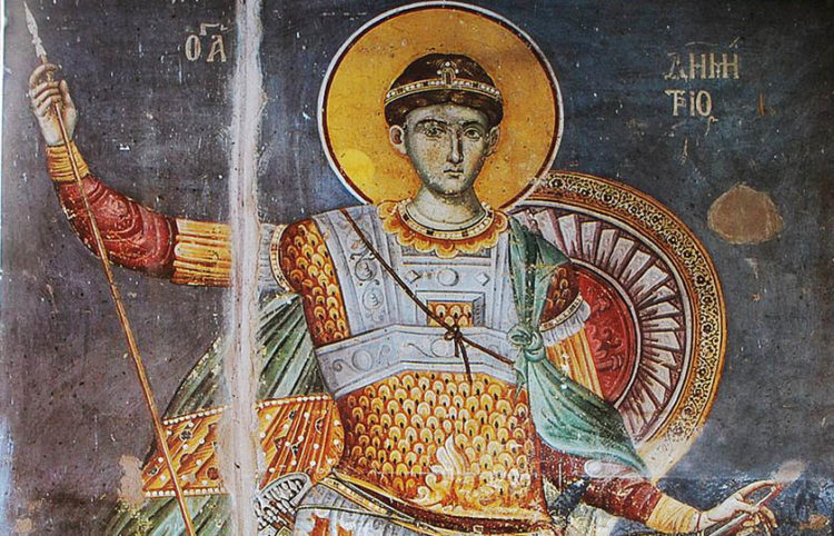 Τοιχογραφία του Αγίου Δημητρίου στο Πρωτάτο των Καρυών. Μανουήλ Πανσέληνος, 1290-1310 (πηγή: Wikipedia)