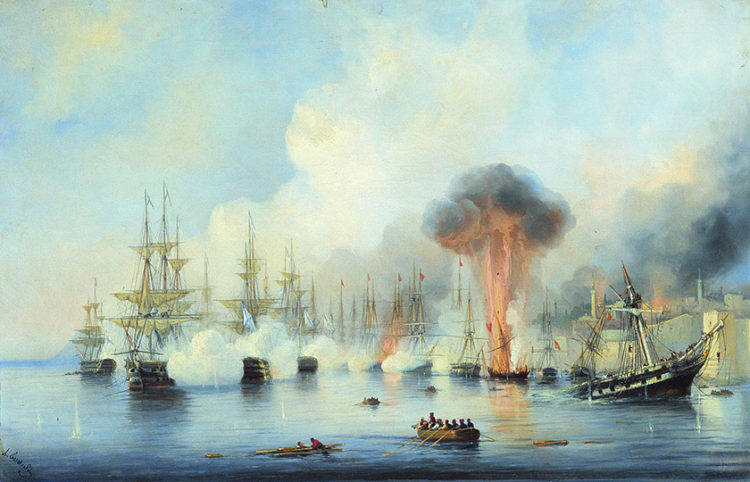 «Η ναυμαχία της Σινώπης», έργο του Αλεξέι Μπογκολιούμποβ.  Λάδι σε καμβά (πηγή: Wikipedia)