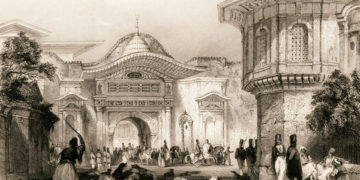 Η κεντρική είσοδος του διοικητηρίου της Κωνσταντινούπολης, πρώην έδρα της οθωμανικής διοίκησης (Υψηλή Πύλη). Περιλαμβάνεται σε έργο των Ρόμπερτ Γουόλς και Τόμας Άλομ που εκδόθηκε το 1836 (πηγή: Ελληνική Βιβλιοθήκη - Κοινωφελές Ίδρυμα Αλέξανδρος Σ. Ωνάσης)