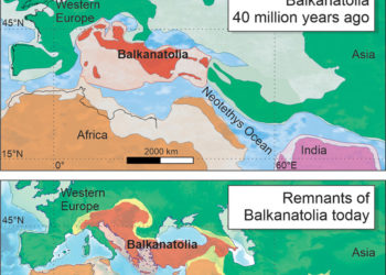 Στον πάνω χάρτη η Βαλκανατολία όπως ήταν πριν από 40 εκατ. χρόνια και στον κάτω το έδαφος της σήμερα (πηγή: CNRS / Alexis Licht, Grégoire Métais)