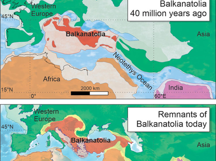 Στον πάνω χάρτη η Βαλκανατολία όπως ήταν πριν από 40 εκατ. χρόνια και στον κάτω το έδαφος της σήμερα (πηγή: CNRS / Alexis Licht, Grégoire Métais)
