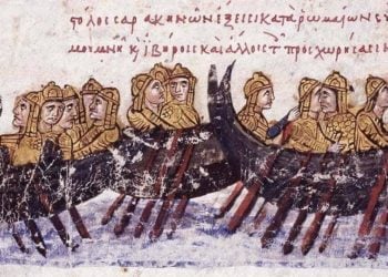 Ο στόλος των Σαρακηνών πλέει προς την Κρήτη. Μικρογραφία από το Βυζαντινό χειρόγραφο του Σκυλίτζη (πηγή: Εθνική Βιβλιοθήκη Ισπανίας)