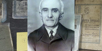 Ο Ανανίας Νικολαΐδης, και στο φόντο τμήμα του αρχείου του (σύνθεση εικ.: Χριστίνα Κωνσταντάκη)