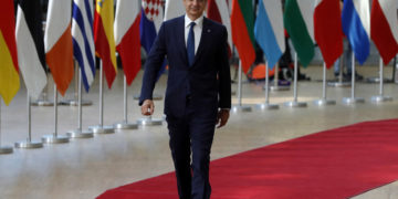 O Κυριάκος Μητσοτάκης στις Βρυξέλλες, για τη Σύνοδο Κορυφής της ΕΕ (φωτ.: EPA / Stephanie Lecocq)