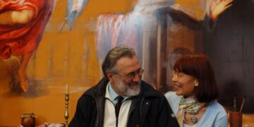 Ο Γιάννης και η Ελένη Σμαραγδή στα γυρίσματα της ταινίας Ελ Γκρέκο( Πηγή φωτ. : Alexandros film)