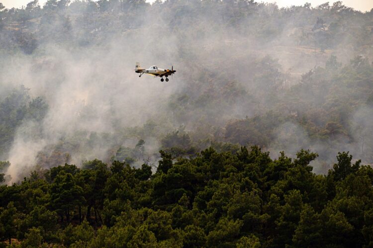 Πυροσβεστικό αεροσκάφος συμμετέχει στην επιχείρηση κατάσβεσης της μεγάλης πυρκαγιάς πουν μαίνεται για τέταρτη ημέρα στο Εθνικό Πάρκο Δαδιάς, στον Έβρο, Κυριακή 24 Ιουλίου 2022. (Φωτ.: ΑΠΕ-ΜΠΕ/Δημήτρης Αλεξούδης)