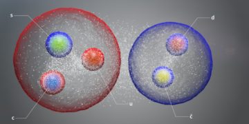 Το νέο πεντακουάρκ  απεικονίζεται εδώ ως ένα ζευγάρι τυπικών αδρονίων χαλαρά συνδεδεμένων σε μια δομή που μοιάζει με μόριο (πηγή: CERN)
