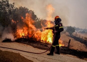 Πυροσβέστης στην περιοχή Ρογκάδα των Βατερών, στη Λέσβο. Σάββατο 23 Ιουλίου 2022  (φωτ.: Παναγιώτης Μπαλάσκας / EUROKINISSI)