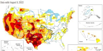 Χάρτης με τις περιοχές που αντιμετωπίζουν πρόβλημα ξηρασίας στις ΗΠΑ. Όσο πιο έντονο είναι το κόκκινο χρώμα στον χάρτη, τόσο μεγαλύτερο είναι το πρόβλημα (πηγή: droughtmonitor.unl.edu/)