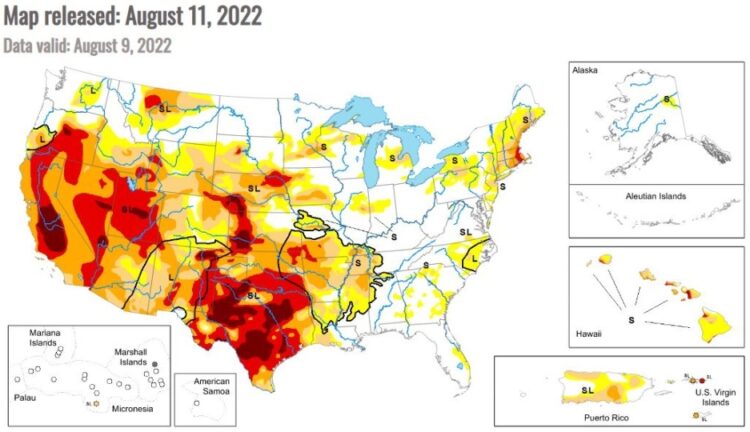 Χάρτης με τις περιοχές που αντιμετωπίζουν πρόβλημα ξηρασίας στις ΗΠΑ. Όσο πιο έντονο είναι το κόκκινο χρώμα στον χάρτη, τόσο μεγαλύτερο είναι το πρόβλημα (πηγή: droughtmonitor.unl.edu/)