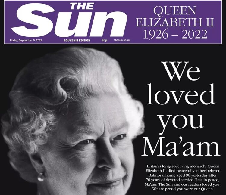 Το πρωτοσέλιδο της Sun για το θάνατο της βασίλισσας Ελισάβετ