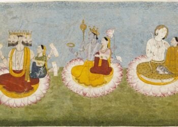 Ο Μπράχμα, ο Βισνού και ο Σίβα κάθονταν στο λωτό με τις συζύγους τους, Σαρασουάτι, Λάκσμι και Παρβάτι, σε πίνακα ζωγραφικής, γύρω στα 1770 (φωτ.: en.wikipedia.org)