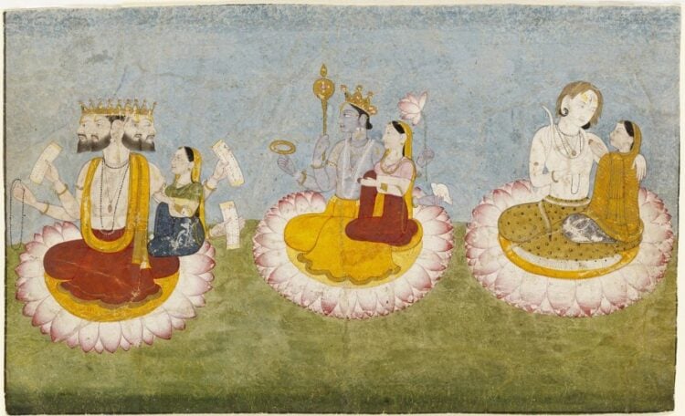 Ο Μπράχμα, ο Βισνού και ο Σίβα κάθονταν στο λωτό με τις συζύγους τους, Σαρασουάτι, Λάκσμι και Παρβάτι, σε πίνακα ζωγραφικής, γύρω στα 1770 (φωτ.: en.wikipedia.org)