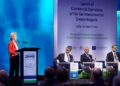 Η πρόεδρος της Ευρωπαϊκής Επιτροπής Ούρσουλα φον ντερ Λάιεν, μιλά στην τελετή έναρξης της εμπορικής χρήσης του διασυνδετήριου αγωγού φυσικού αερίου Ελλάδας-Βουλγαρίας (IGB) στη Σόφια. Σάββατο 1 Οκτωβρίου 2022. (Φωτ.: Γραφείο Τύπου πρωθυπουργού/Δημήτρης Παπαμήτσος/Eurokinissi)