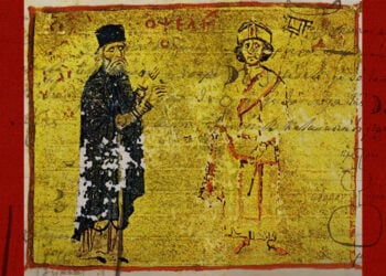 Στη βασική εικόνα, ο Μιχαήλ Ψελλός με τον μαθητή του, αυτοκράτορα Μιχαήλ Ζ' Δούκα Παραπινάκη (πηγή: Κώδ. 234, φ. 254α, Άγιον Όρος, Μονή Παντοκράτορος / commons.wikimedia.org)· το κείμενο προέρχεται από αλχημιστικό χειρόγραφο του 12ου αι. που φιλοξενείται στο Βυζαντινό Μουσείο (συνθ. εικ.: Χριστίνα Κωνσταντάκη)
