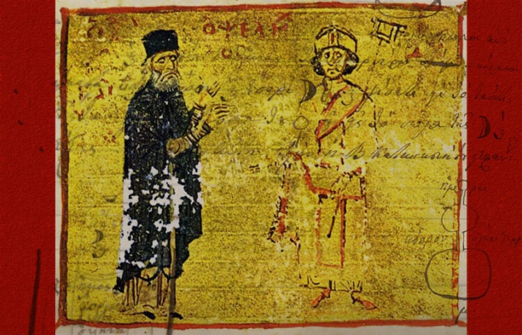 Στη βασική εικόνα, ο Μιχαήλ Ψελλός με τον μαθητή του, αυτοκράτορα Μιχαήλ Ζ' Δούκα Παραπινάκη (πηγή: Κώδ. 234, φ. 254α, Άγιον Όρος, Μονή Παντοκράτορος / commons.wikimedia.org)· το κείμενο προέρχεται από αλχημιστικό χειρόγραφο του 12ου αι. που φιλοξενείται στο Βυζαντινό Μουσείο (συνθ. εικ.: Χριστίνα Κωνσταντάκη)