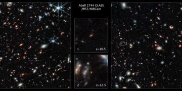 Αριστερά διακρίνονται οι φωτεινοί γαλαξίες που εντόπισε το James Webb (πηγή: NASA / ESA / CSA / T. Treu)