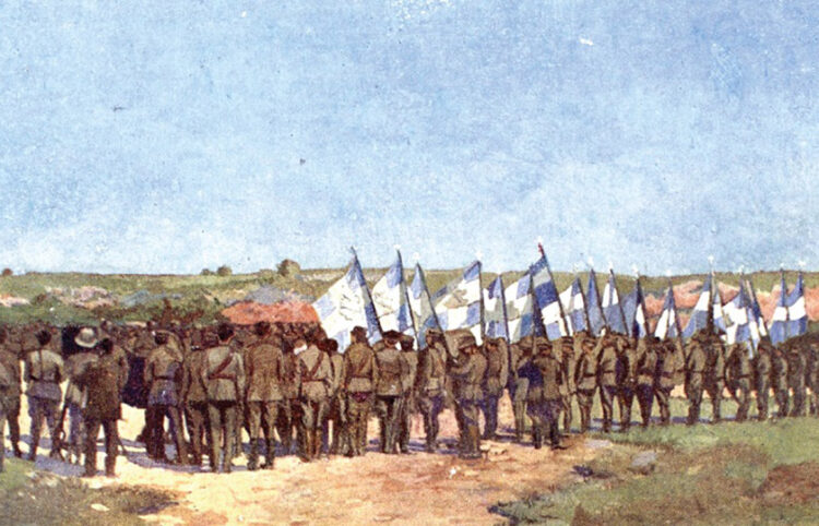 Δορύλαιο, 18 Ιουλίου 1921: Παρασημοφορία των σημαιών των ελληνικών συνταγμάτων από τον βασιλιά Κωνσταντίνο μετά τη μάχη του Δορυλαίου, που υπήρξε μια από τις πλέον σημαντικές της Μικρασιατικής Εκστρατείας (πηγή: αρχείο Βασίλη Τζανακάρη)