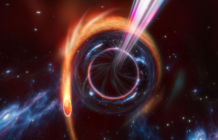 Η μαύρη τρύπα και ο πίδακας ακτινοβολίας. Καλλιτεχνική απεικόνιση (πηγή: Carl Knox / OzGrav / ARC / Centre of Excellence for Gravitational Wave Discovery / Swinburne University of Technology)