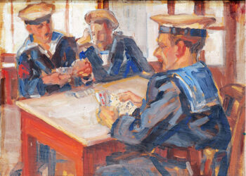 Περικλής Βυζάντιος, «Ναύτες παίζουν χαρτιά στο καφενείο», 1920-1921 (λάδι σε ξύλο, 33x23 εκ. Συλλογή ΕΙΜ)