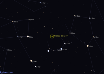 Η θέση του κομήτη C/2022 E3 (ZTF) στις 3 Ιανουαρίου 2023 στον Στέφανο Βόρειο, τον αστερισμό του βορείου ημισφαιρίου (πηγή: theskylive.com)