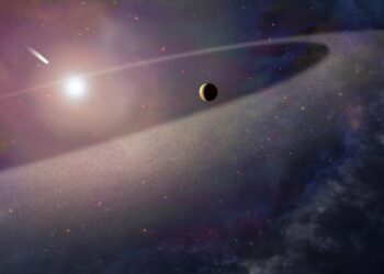 Απεικόνιση ενός τεράστιου αντικειμένου που μοιάζει με κομήτη, ο οποίος πέφτει προς έναν λευκό νάνο. Παρατηρήσεις το 2017 με το διαστημικό τηλεσκόπιο Hubble της NASA/ESA έδειξαν στοιχεία για μια ζώνη σωμάτων που έμοιαζαν με κομήτες που περιφέρονταν γύρω από τον λευκό νάνο, παρόμοια με τη ζώνη Kuiper στο δικό μας Ηλιακό Σύστημα (φωτ.: EPA/NASA, ESA και Z. Levy)