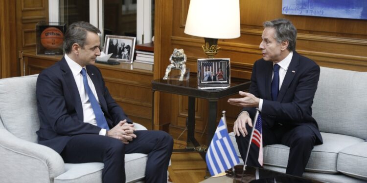 Συνάντηση του πρωθυπουργού Κυριάκου Μητσοτάκη με τον Αμερικανό υπουργό Εξωτερικών Άντονι Μπλίνκεν, Δευτέρα 20 φεβρουαρίου 2023. (Φωτ.: Eurokinissi/Γιώργος Κονταρίνης)
