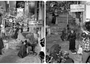 Αποκριάτικο γύρισμα στην Πλάκα με τη Μελίνα Μερκούρη, το 1965 (πηγή: Αρχείο ΕΡΤ / Συλλογή Αριστοτέλη Σαρρηκώστα)
