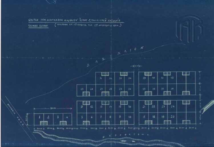 Διάγραμμα διάταξης οικίσκων αγροτικού συνοικισμού Χαϊδαρίου. 1η Δεκεμβρίου 1924(πηγή: ΓΑΚ, Κ.Υ., Αρχείο Τοπογραφικής Υπηρεσίας Υπουργείου Γεωργίας)