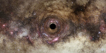 Καλλιτεχνική απεικόνιση της μαύρης τρύπας, με το έντονο βαρυτικό της πεδίο να παραμορφώνει το χώρο γύρωση της (πηγή: ESA / Hubble / Nick Risinger / N. Bartmann)