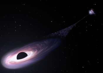 Καλλιτεχνική απεικόνιση της μαύρης τρύπας που «δραπετεύει» από το γαλαξία που τη φιλοξενούσε, λόγω της… διαμάχης με άλλες δύο μαύρες τρύπες (φωτ.: NASA-ESA-Leah Hustak)