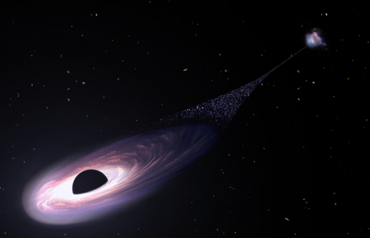 Καλλιτεχνική απεικόνιση της μαύρης τρύπας που «δραπετεύει» από το γαλαξία που τη φιλοξενούσε, λόγω της… διαμάχης με άλλες δύο μαύρες τρύπες (φωτ.: NASA-ESA-Leah Hustak)