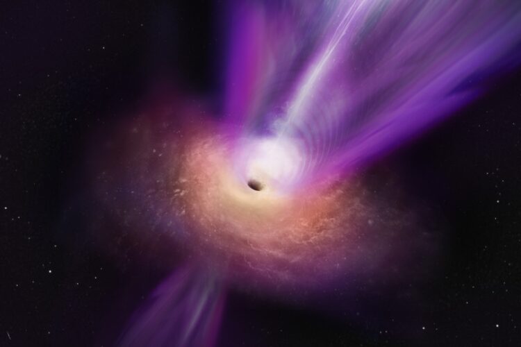 Η εντύπωση ενός καλλιτέχνη από τη μαύρη τρύπα στον γαλαξία Μ87 και τον ισχυρό πίδακά της (φωτ.: S. Dagnello, NRAO/AUI/NSF)