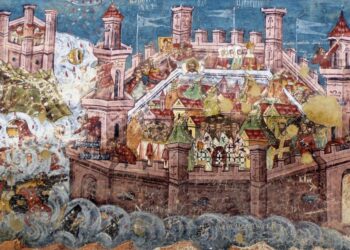 Νωπογραφία του 1537, από άγνωστο καλλιτέχνη στη Μονή Μολντοβίτσα που απεικονίζει την Άλωση της Κωνσταντινούπολης (φωτ.: el.wikipedia.org/ webshots.com)