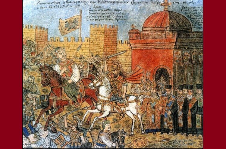 «Κωνσταντίνος ο Αυτοκράτωρ των Ελληνορωμαίων εξέρχεται άτρομος εις την μάχην το 1453 Μαΐου 29». Τοιχογραφία αποτοιχισμένη από το σπίτι-καφενείο Γ. Αντίκα στην Σκόπελο Γέρας Μυτιλήνης (φωτ.: el.wikipedia.org)