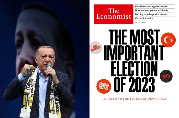 Αριστερά ο Ρετζέπ Ταγίπ Ερντογάν και δεξιά το εξώφυλλό του Economist που γράφει «Οι πιο σημαντικές εκλογές του 2023», «Σώστε τη δημοκρατία», «Ο Ερντογάν πρέπει να φύγει», «Ψηφίστε!» (φωτ.: EPA/Necati Savas/Economist)