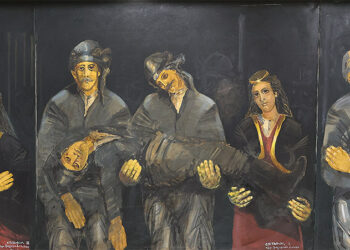 Το τρίπτυχο έργο «Επιτάφιος» (2001) του Σωτήρη Γρηγοριάδη βρίσκεται στην κεντρική αίθουσα του Συλλόγου Ποντίων Νίκαιας-Κορυδαλλού (φωτ.: Κώστας Κατσίγιαννης)